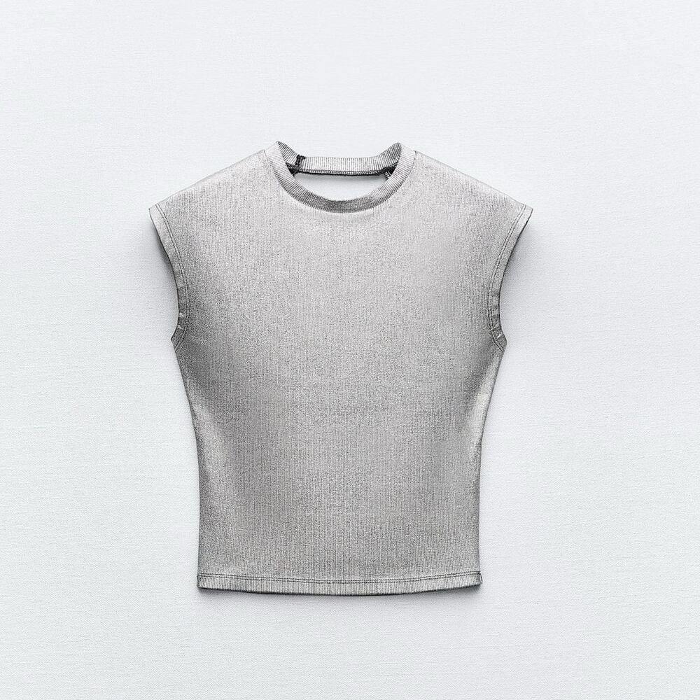 Zara Silver Foil Rib Open Back T-Shirt - Size S